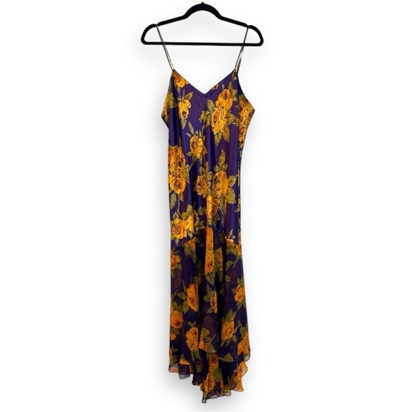 Vintage 90’s Y2K Purple Yellow Floral Satin Slip Dress w/ Chiffon Flutter Hem - Picture 3 of 7